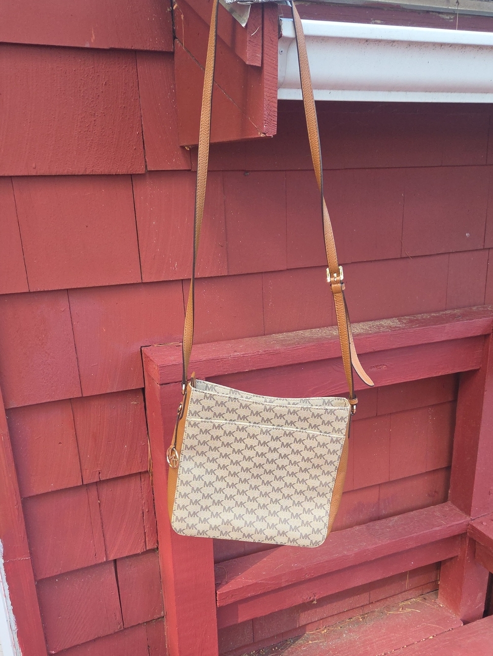Michael Kors Beige Tan MK Monogram Crossbody Bag